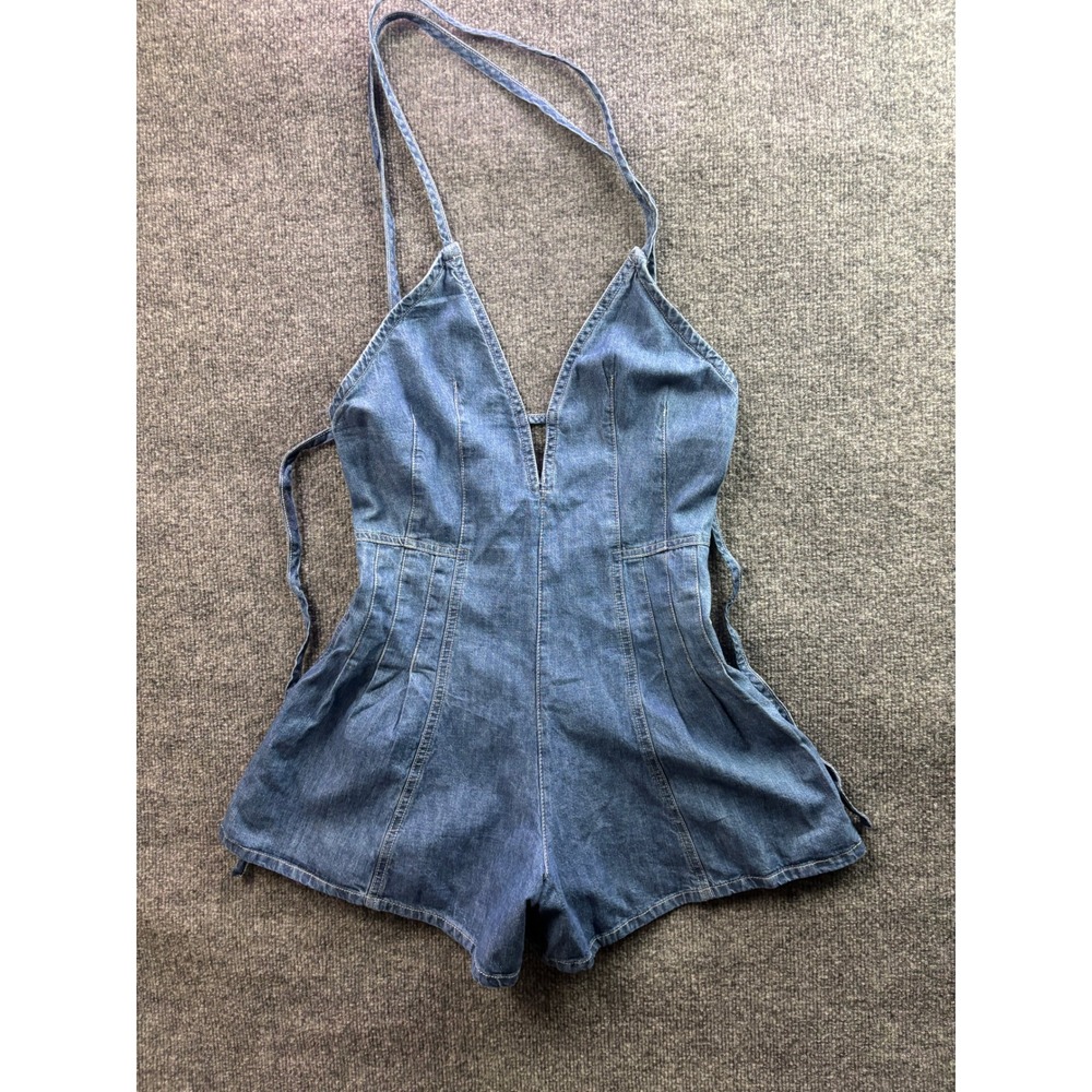 We The Free Romper Womens XS Blue Denim Halter V-Neck Open Back Mini Pockets